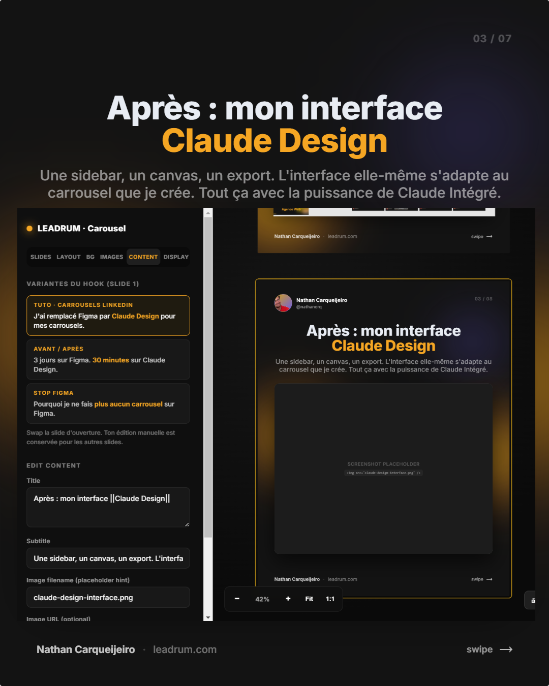 Capture d'écran de l'interface Claude Design avec sidebar, canvas et slide en édition