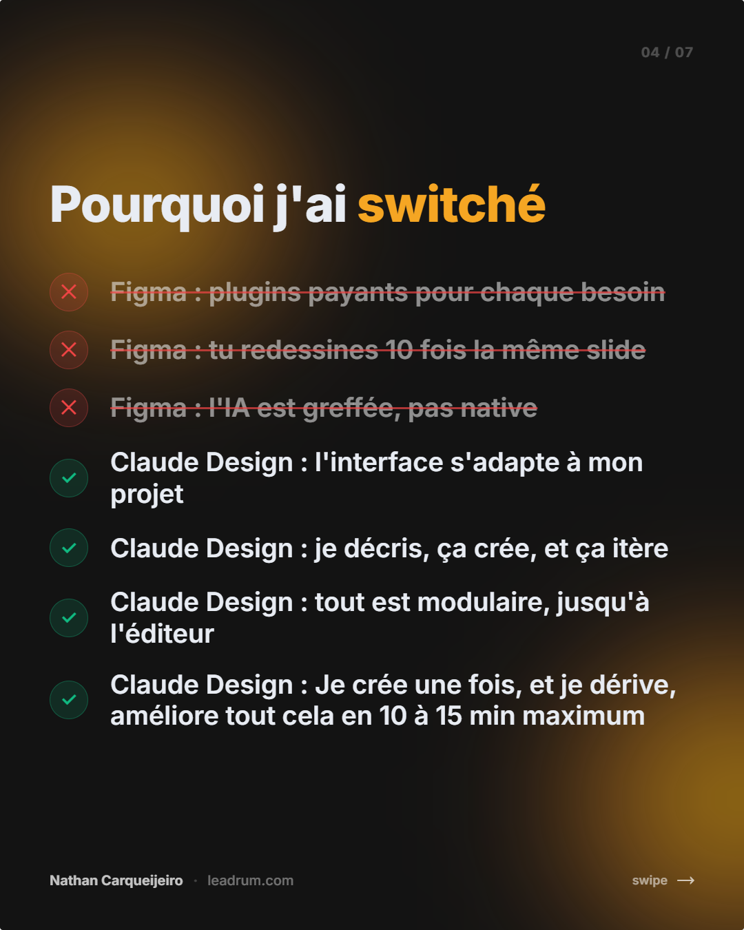 Slide montrant pourquoi switcher de Figma à Claude Design avec une comparaison point par point