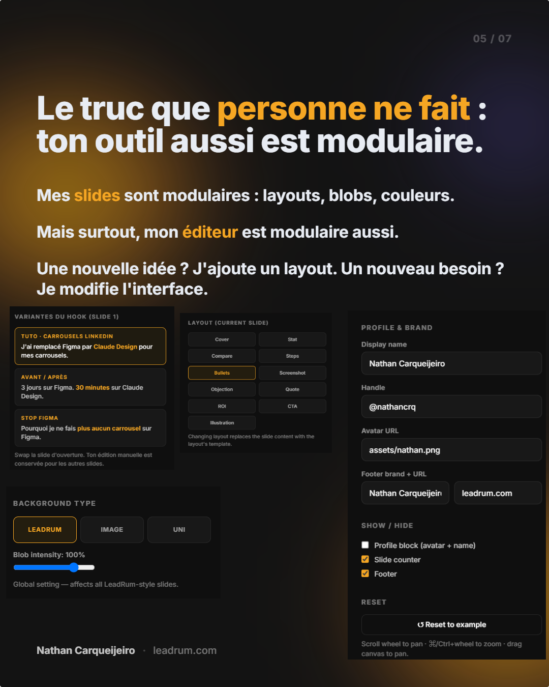 Le truc que personne ne fait : l'éditeur lui-même est modulaire, avec layouts, blobs et couleurs personnalisables