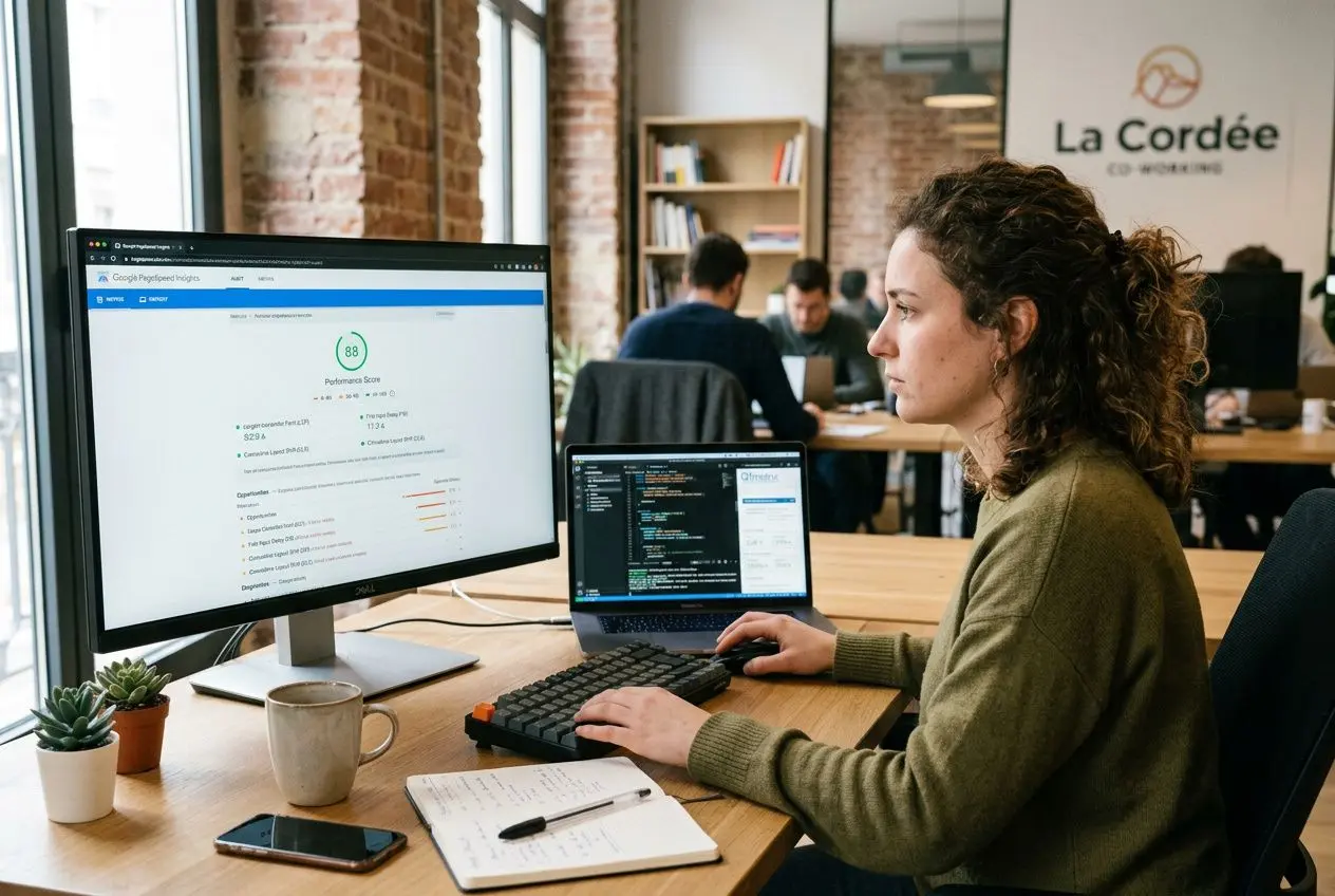 Une développeuse assise à un bureau, regardant un écran d'ordinateur avec du code, dans un espace de coworking.