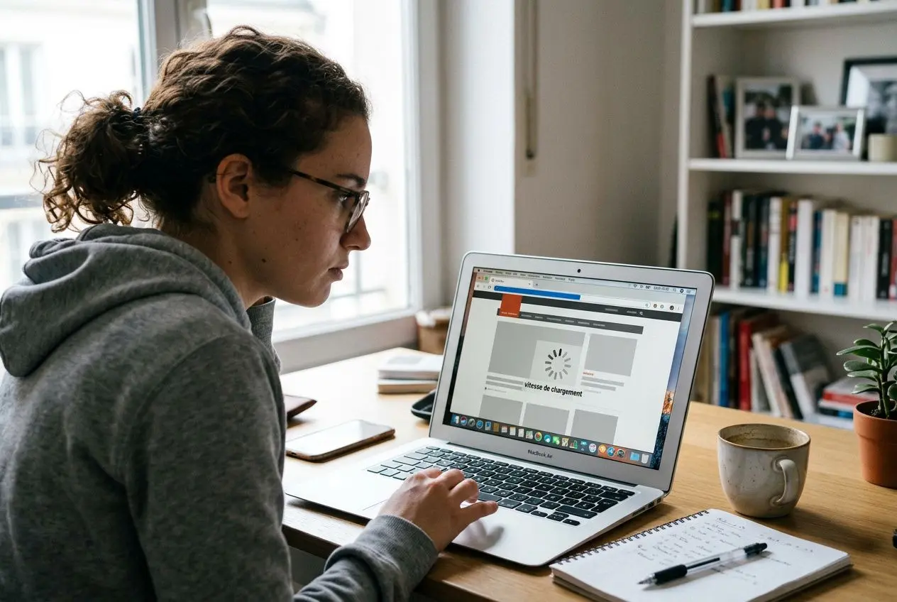 Personne utilisant un ordinateur portable sur un bureau, l'écran affichant une page en chargement; ambiance de travail à domicile.